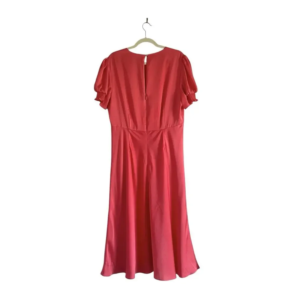Ted Baker Textured Satin Midi Dress Size 12 Coral Pink Puff Sleeve modest chic - Picture 5 of 12